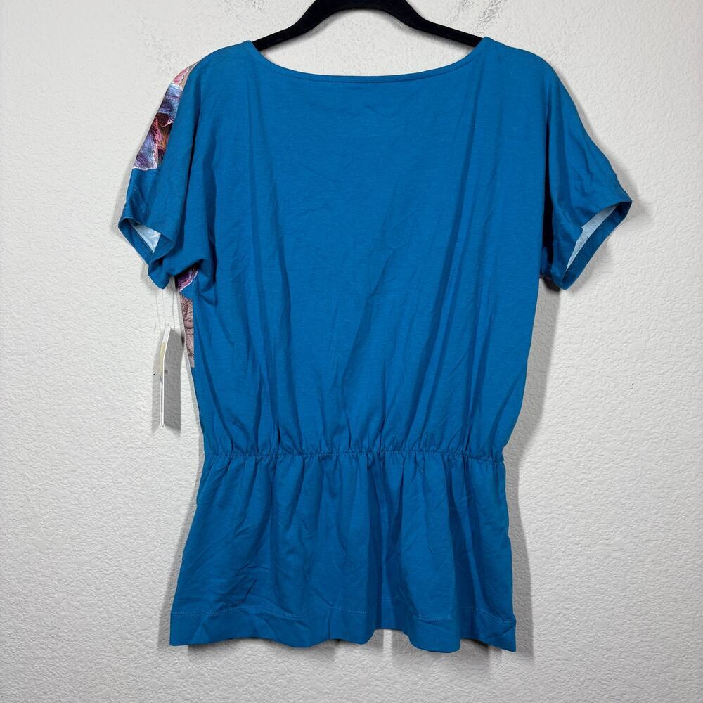 Soft Surroundings Medium Jepara Peplum Top Blue Multi Vivid Floral Short Sleeves - Picture 2 of 7